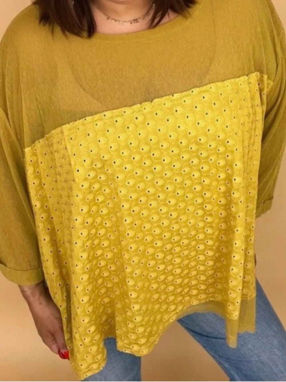 Oli & Hali Sheer Layered Oversized Eyelet Mustard Yellow Top